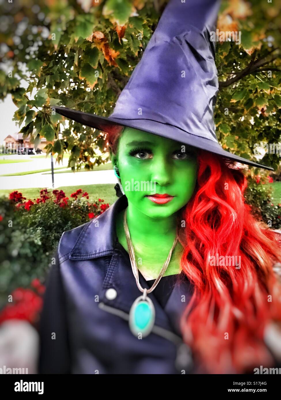 Ein junges Mädchen als die böse Hexe des Westens von Wizard of Oz für Halloween verkleidet. Stockfoto