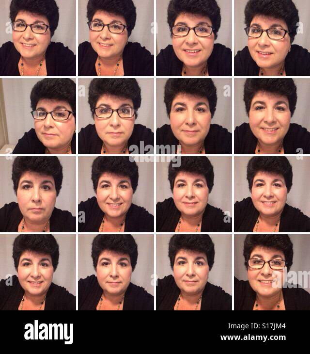 Ein Quadrant von mehreren Selfies einer kaukasischen Frau mit dunklem Haar Stockfoto
