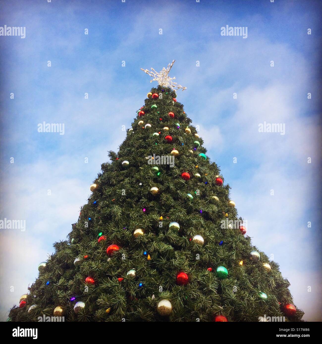Weihnachtsbaum, dekoriert, mit blauem Himmel Stockfoto