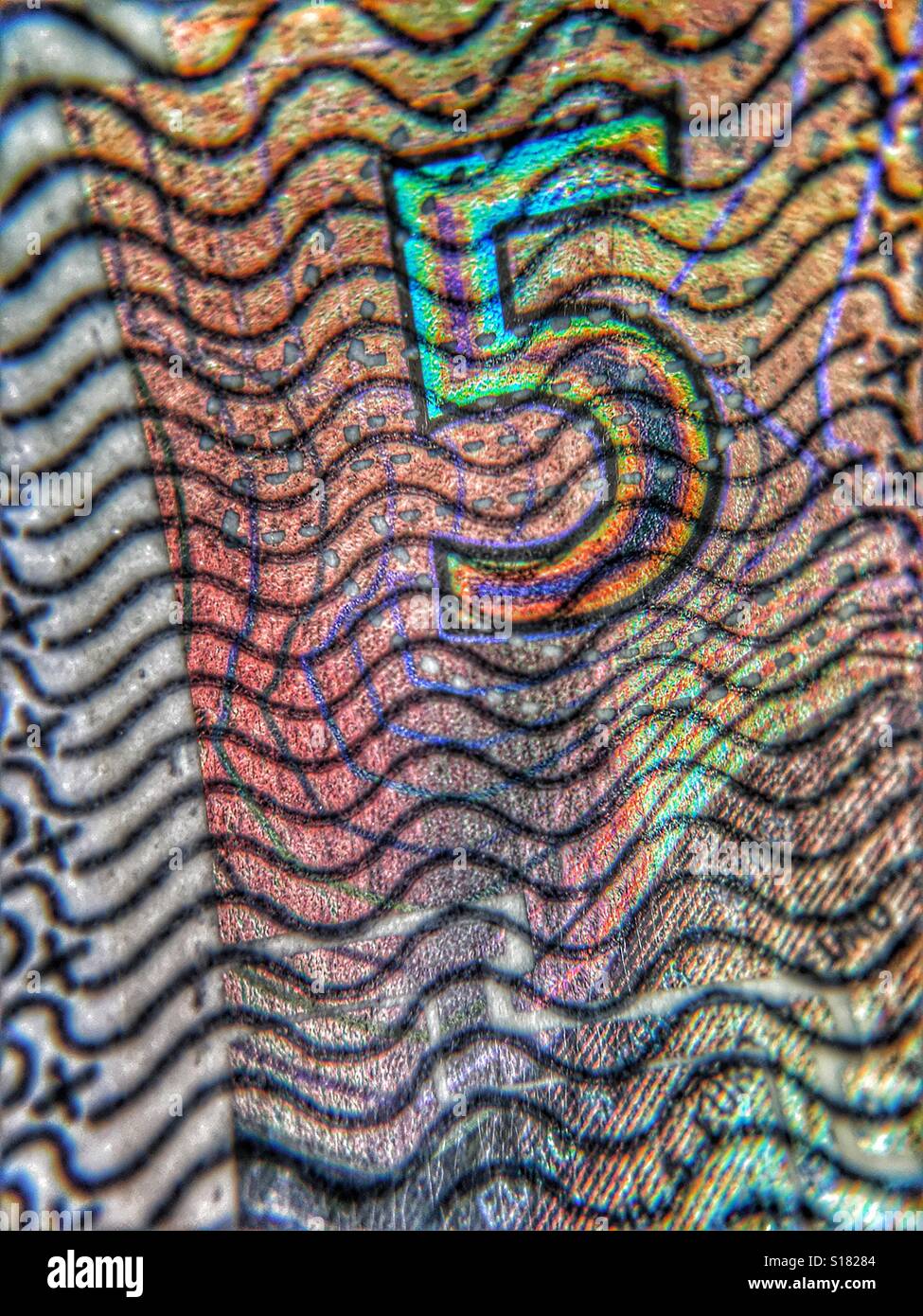 Makro-Detail auf einer 5 Euro-banknote - Smartphone-aufgenommenes Stockfoto