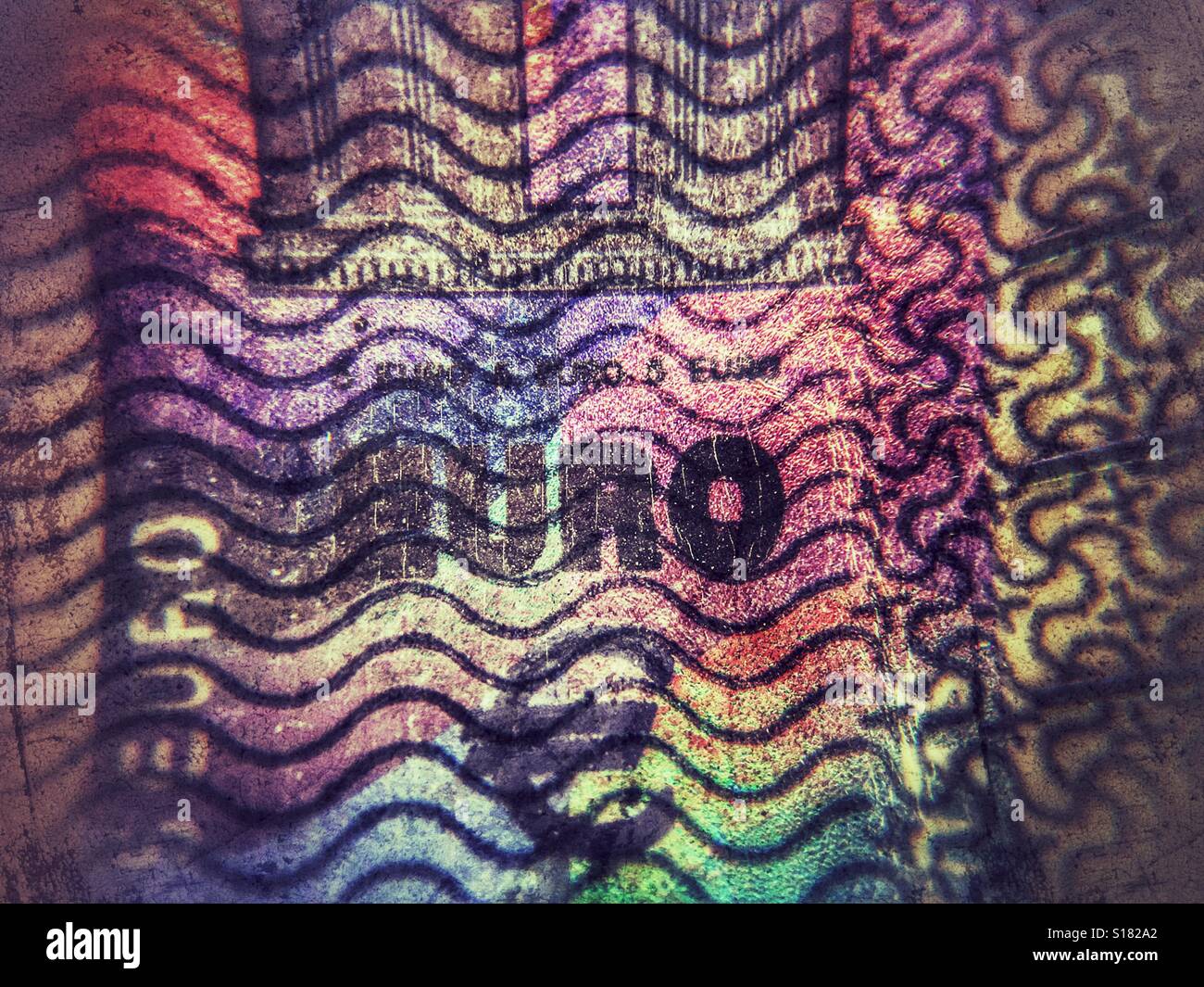 Makro. Holographische 5 Euro-Banknote, Betonung auf das Wort Euro und Euro-symbol Stockfoto