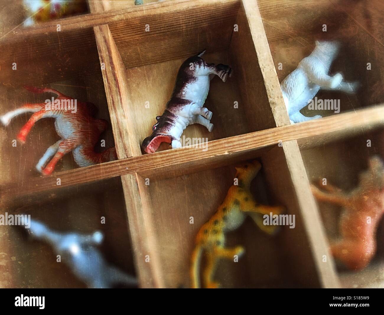 Kunststoff-Spielzeug Wildtiere in einer Holzkiste. Stockfoto