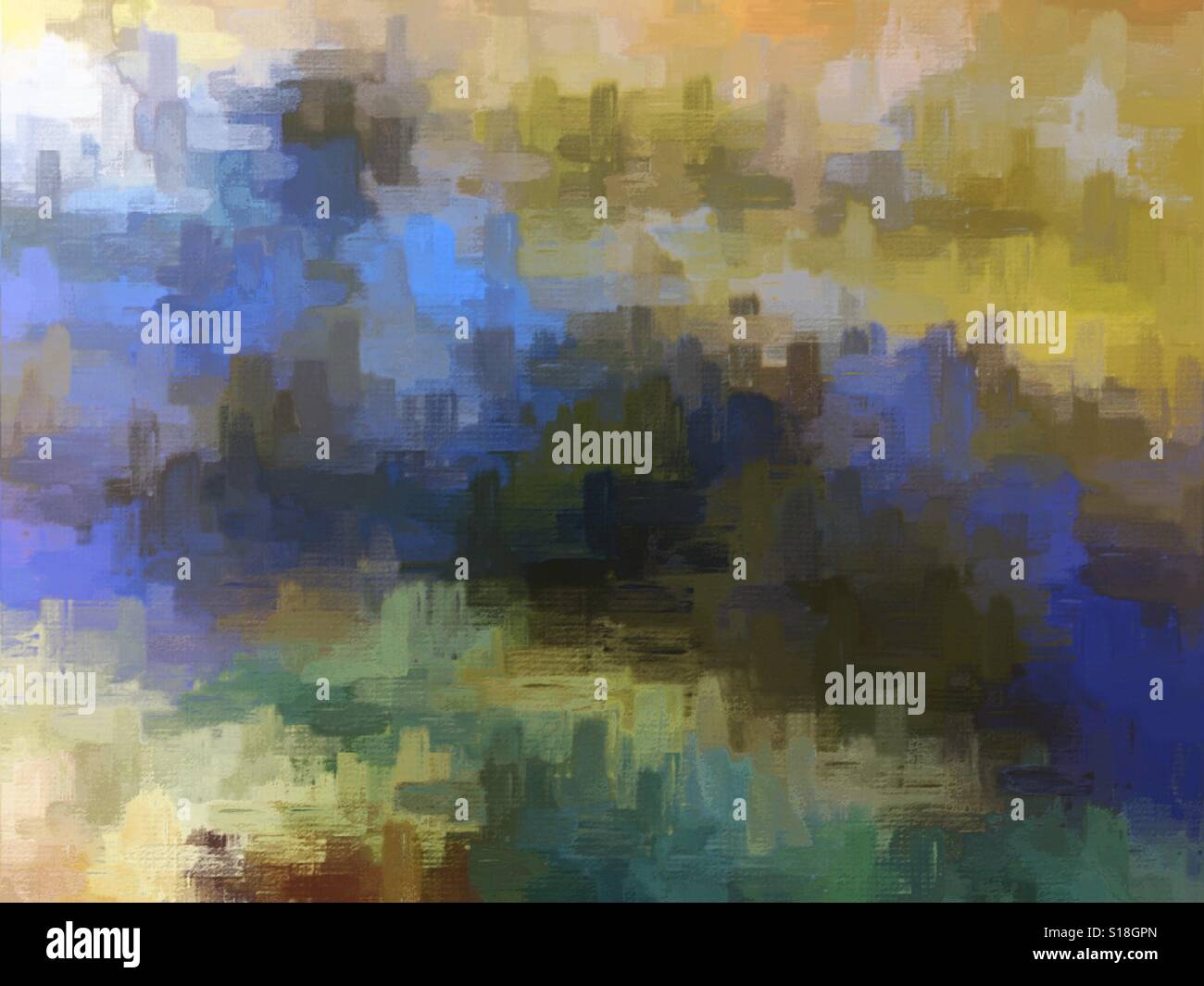 Abstrakte digitale Malerei erstellt aus einem Foto von Reflexionen von Bäumen auf einem See. Stockfoto
