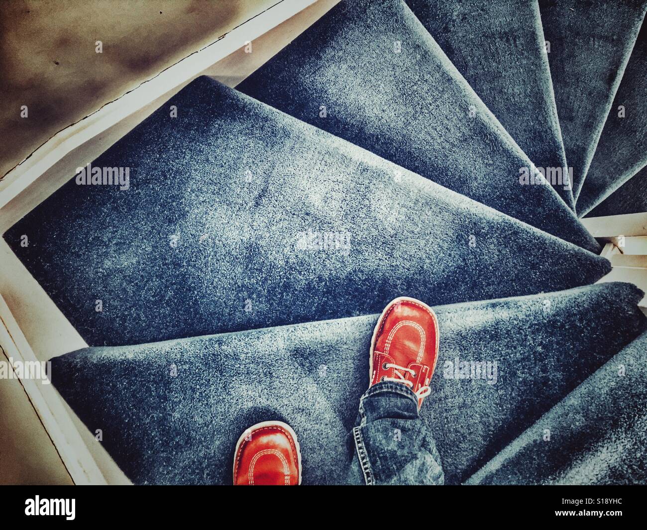 POV eine blaue Teppichboden Treppe hinunter Stockfoto