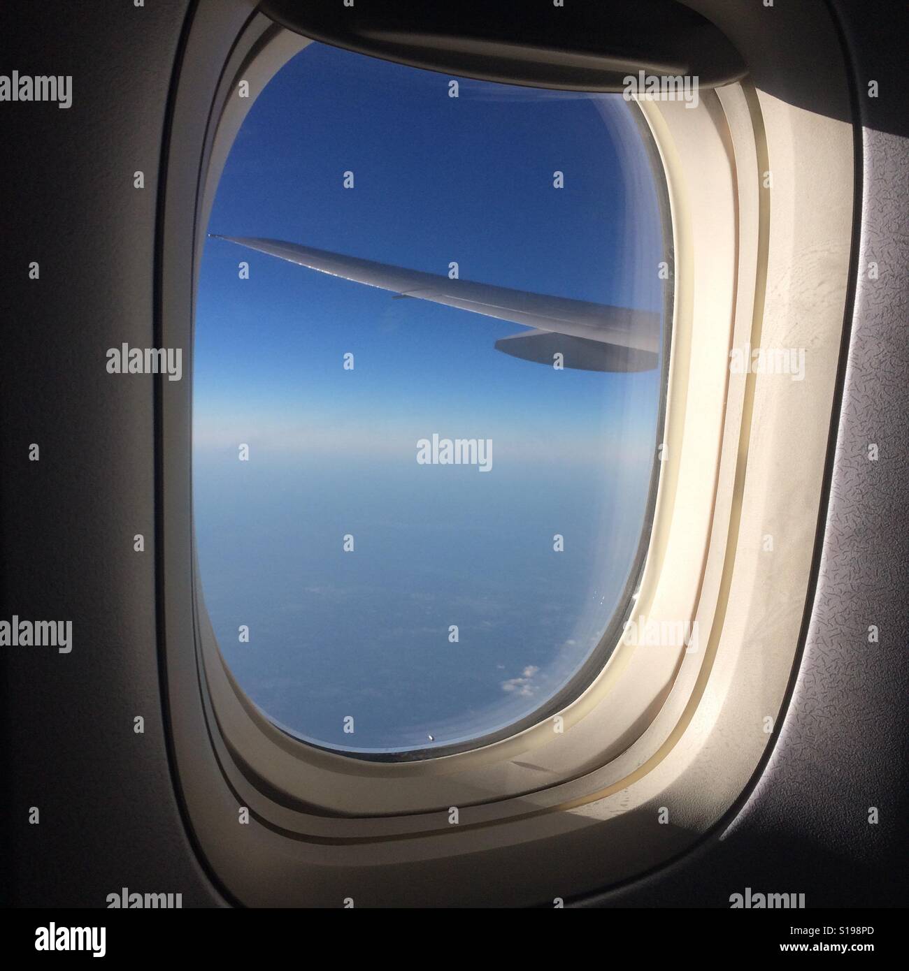 Flugzeugflügel gesehen durch das Fenster eines Flugzeugs Stockfoto