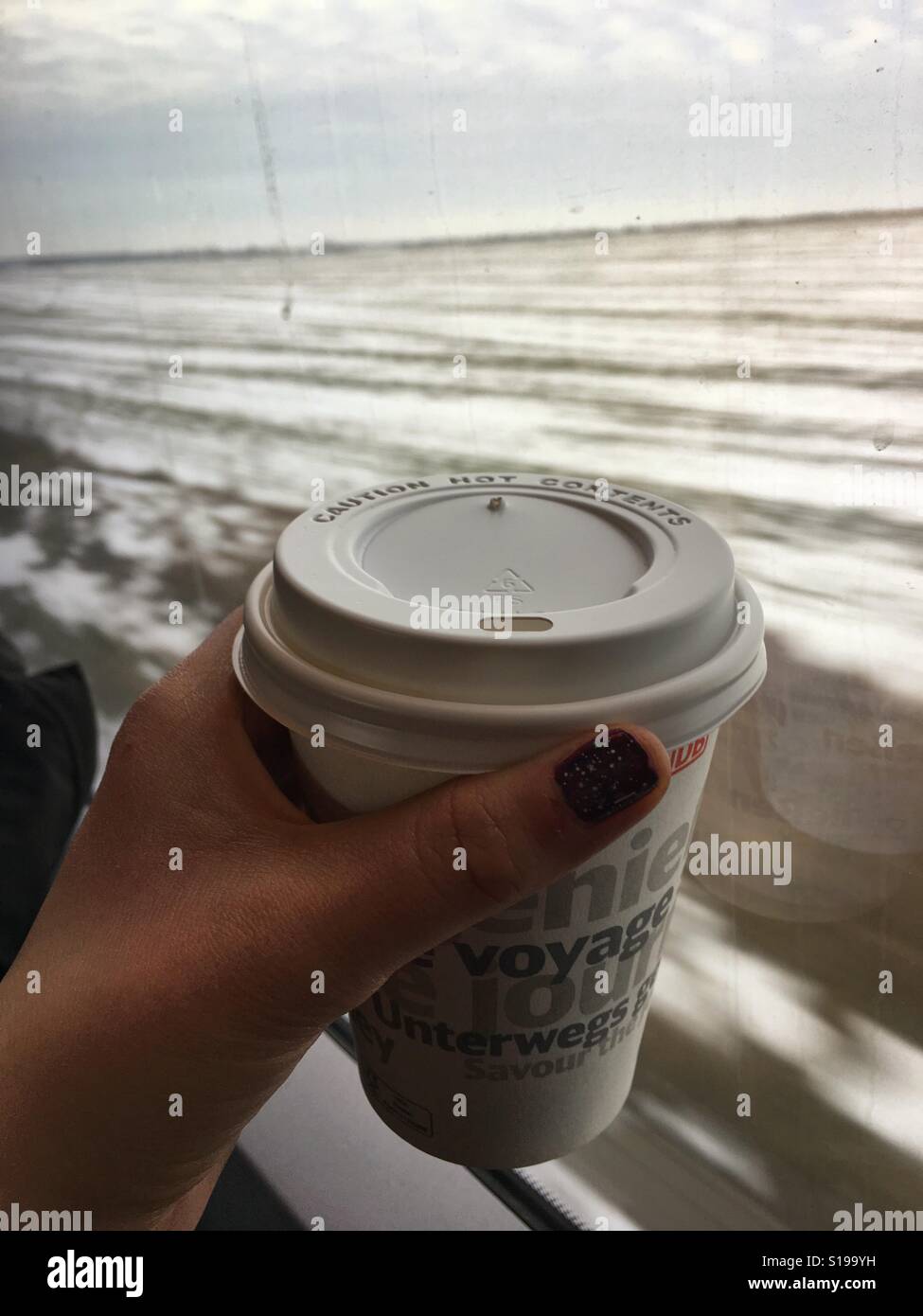 Hand hält eine Tasse Kaffee in einem fahrenden Zug und mit Blick auf die Landschaft aus dem Fenster hinter gehen Stockfoto