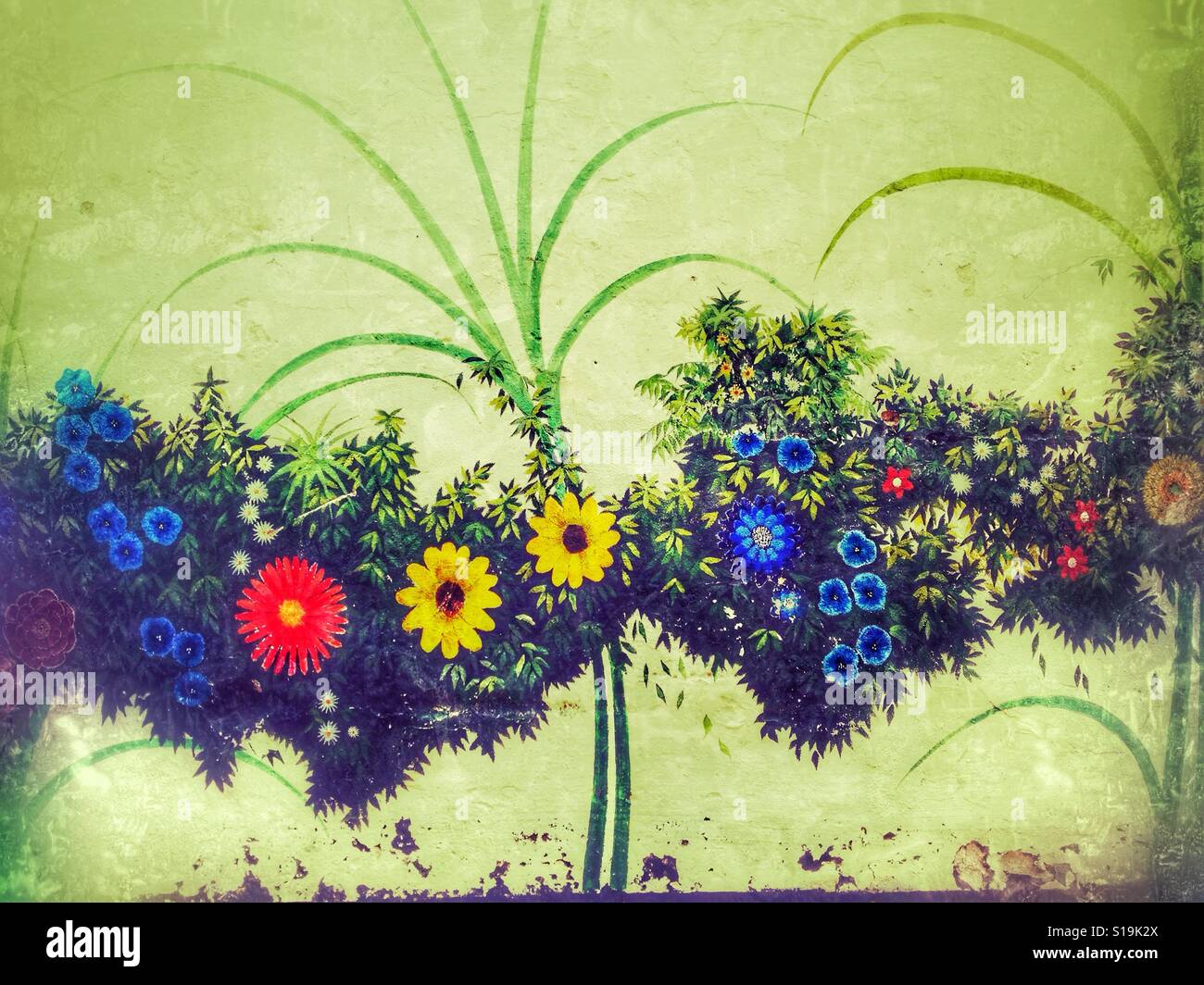 Wandmalerei von Blüten und Blättern - Smartphone-aufgenommenes Stockfoto