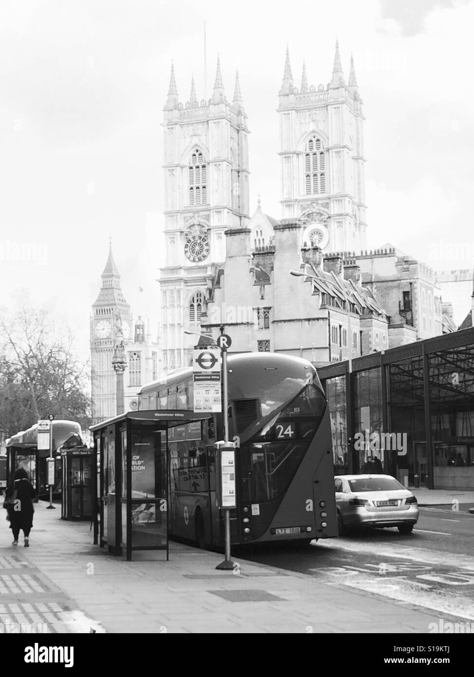 Zentrum von London in schwarz und weiß mit Big Ben im Hintergrund Stockfoto