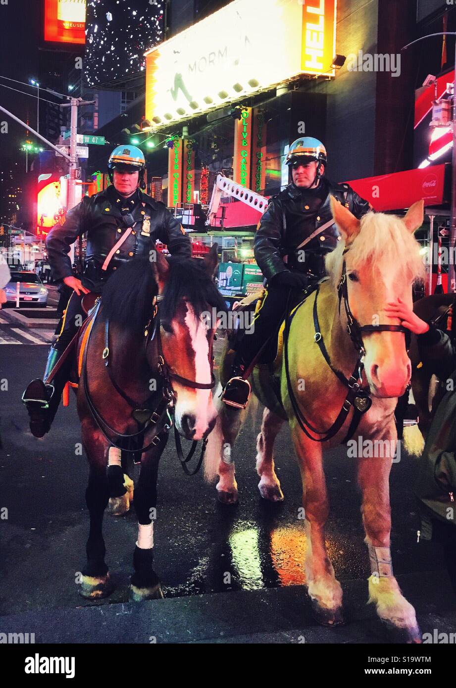 New York City Polizei auf dem Rücken der Pferde auf dem Times Square Stockfoto