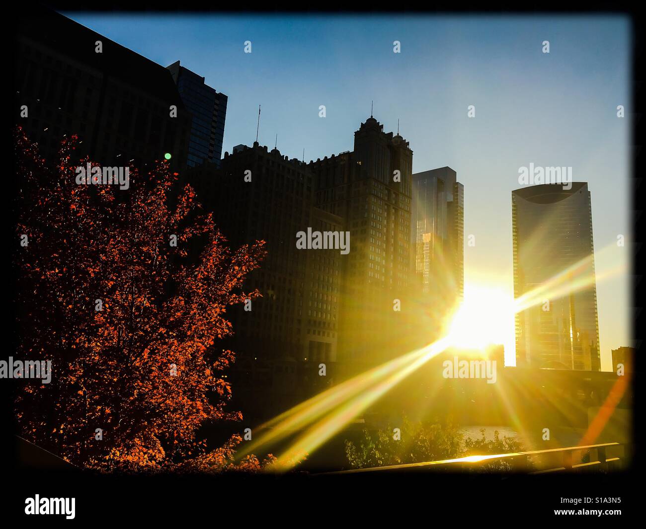 Herbst-Sonnenuntergang in der Stadt Stockfoto