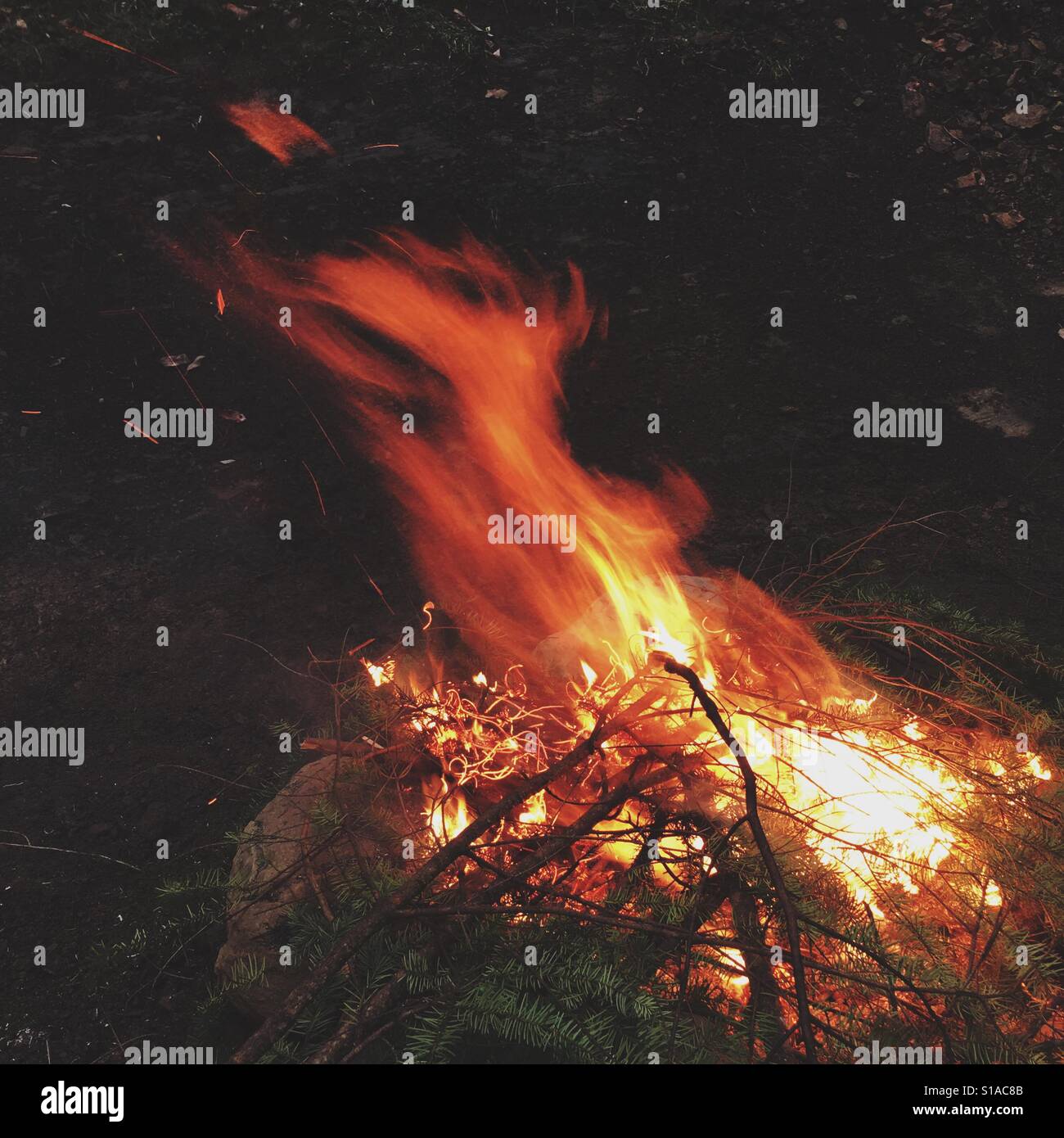 Feuer Flammen brennen Äste und Stöcke außerhalb Stockfoto