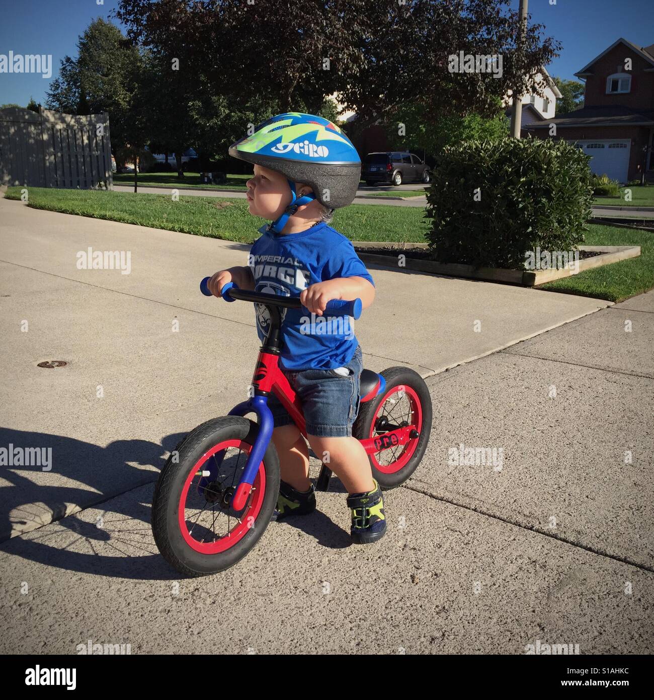 Kleinkind unter dem Strich Reiten / push Fahrrad. Stockfoto