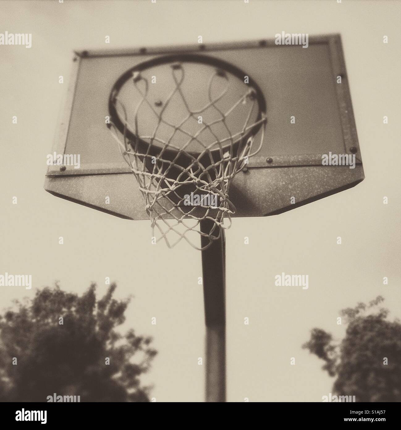 Ein Basketballkorb in schwarz / weiß - Smartphone-aufgenommenes Stockfoto