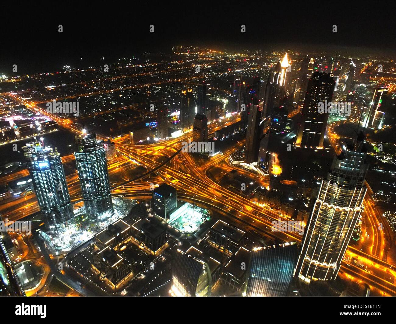 Die Innenstadt von Dubai Antenne Stadtansichten in der Nacht Stockfoto