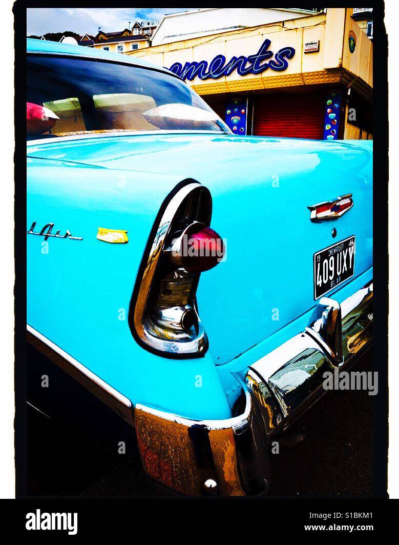 Heckflossen des amerikanischen Autos Chevrolet Bel Air - Smartphone-aufgenommenes Stockfoto