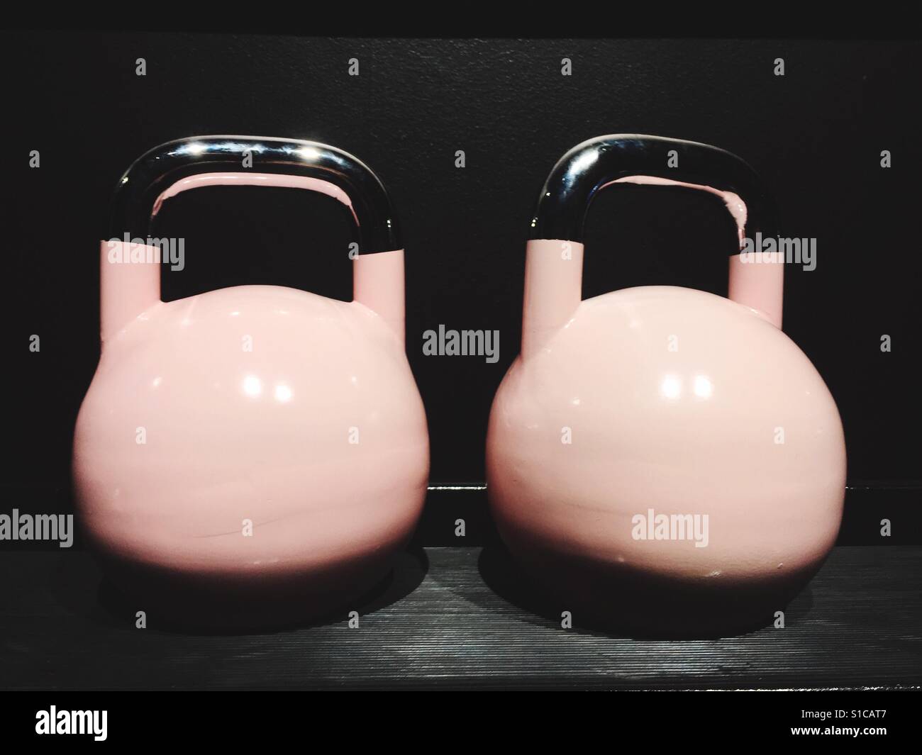 Zwei rosa Gewichtheben-Tools im Fitness-Studio Stockfoto