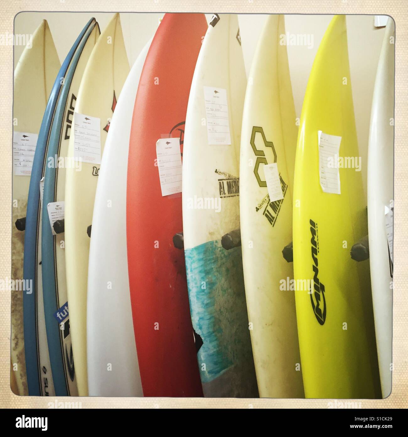 Reihen von Surfbrettern Stockfoto