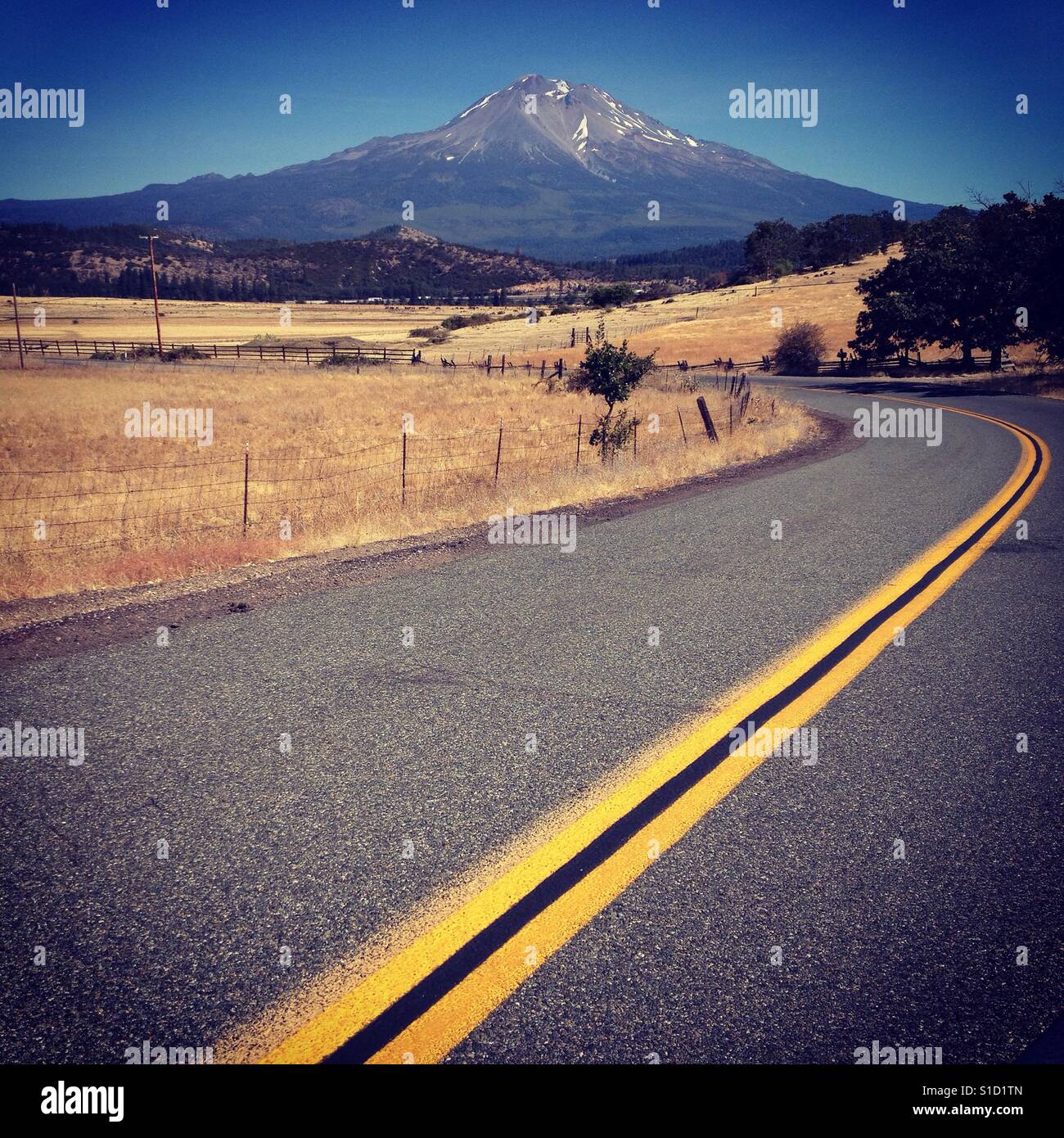 Backroad mit Mt. Shasta im Hintergrund in Nordkalifornien. - Smartphone-aufgenommenes Stockfoto