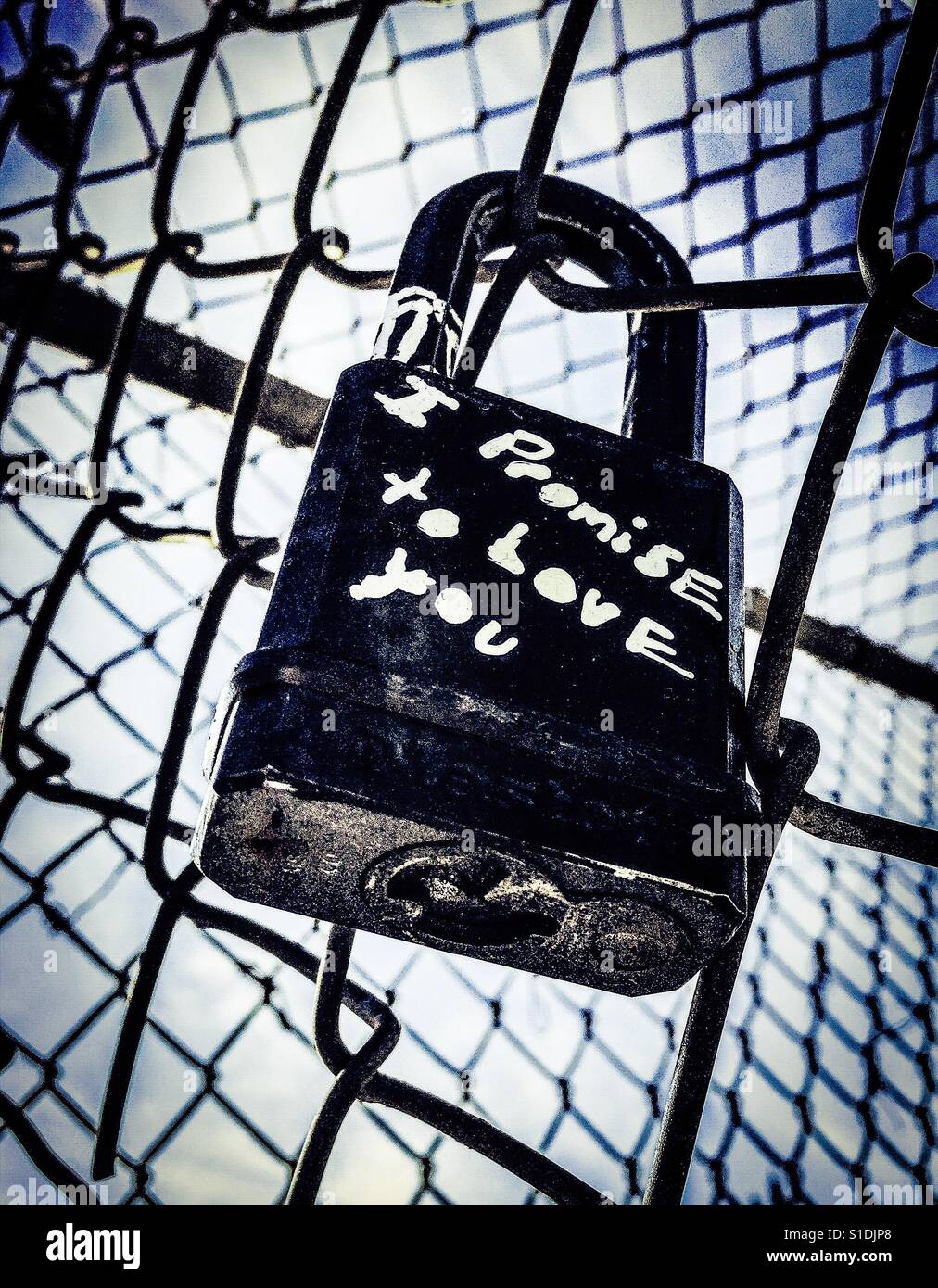 Schloss verriegelt auf Zaun mit dem schreiben, sagen: "Ich verspreche, dich zu lieben" Stockfoto