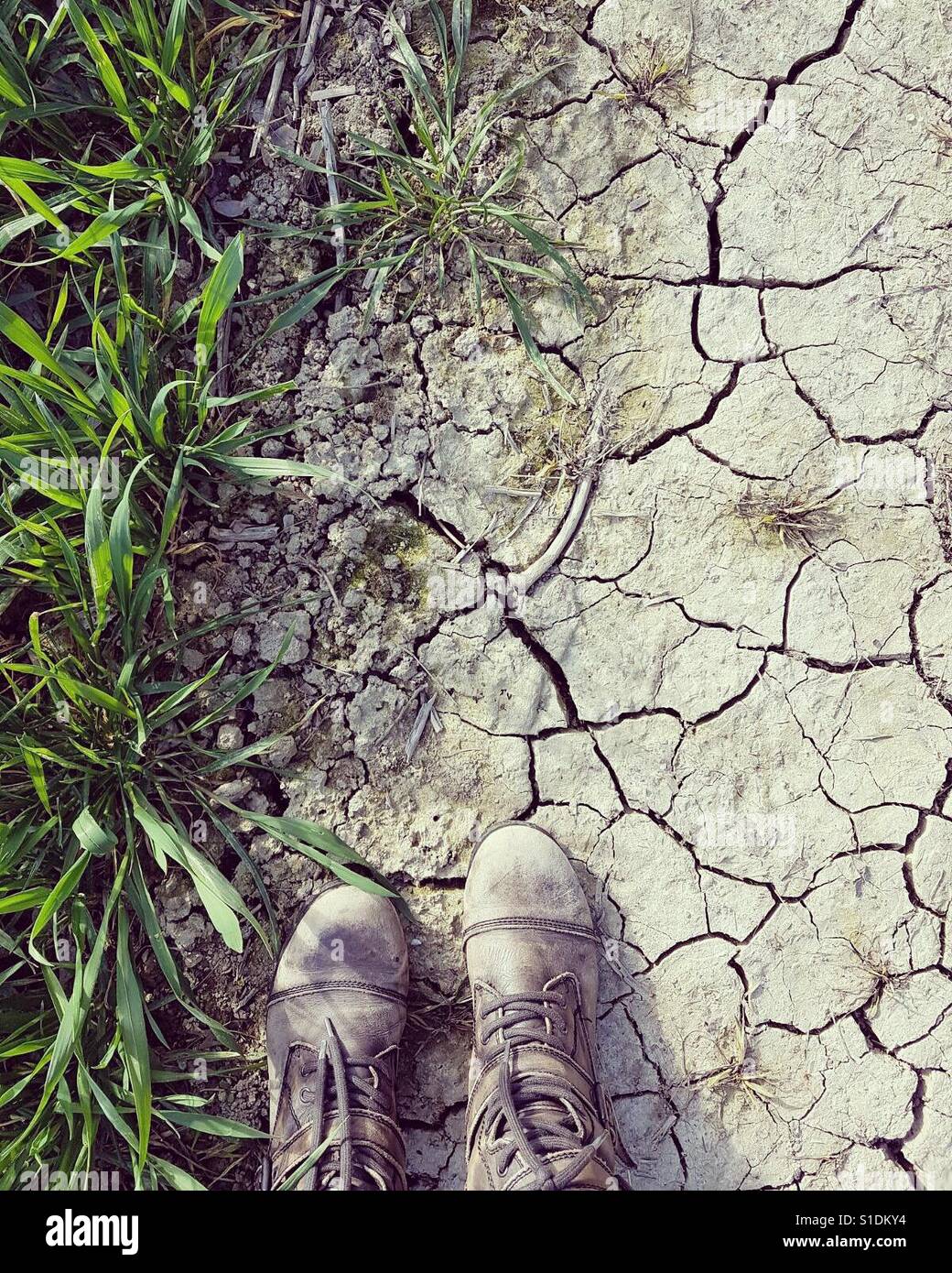 Abgenutzte Stiefel auf rissige trockene Schlamm - Smartphone-aufgenommenes Stockfoto