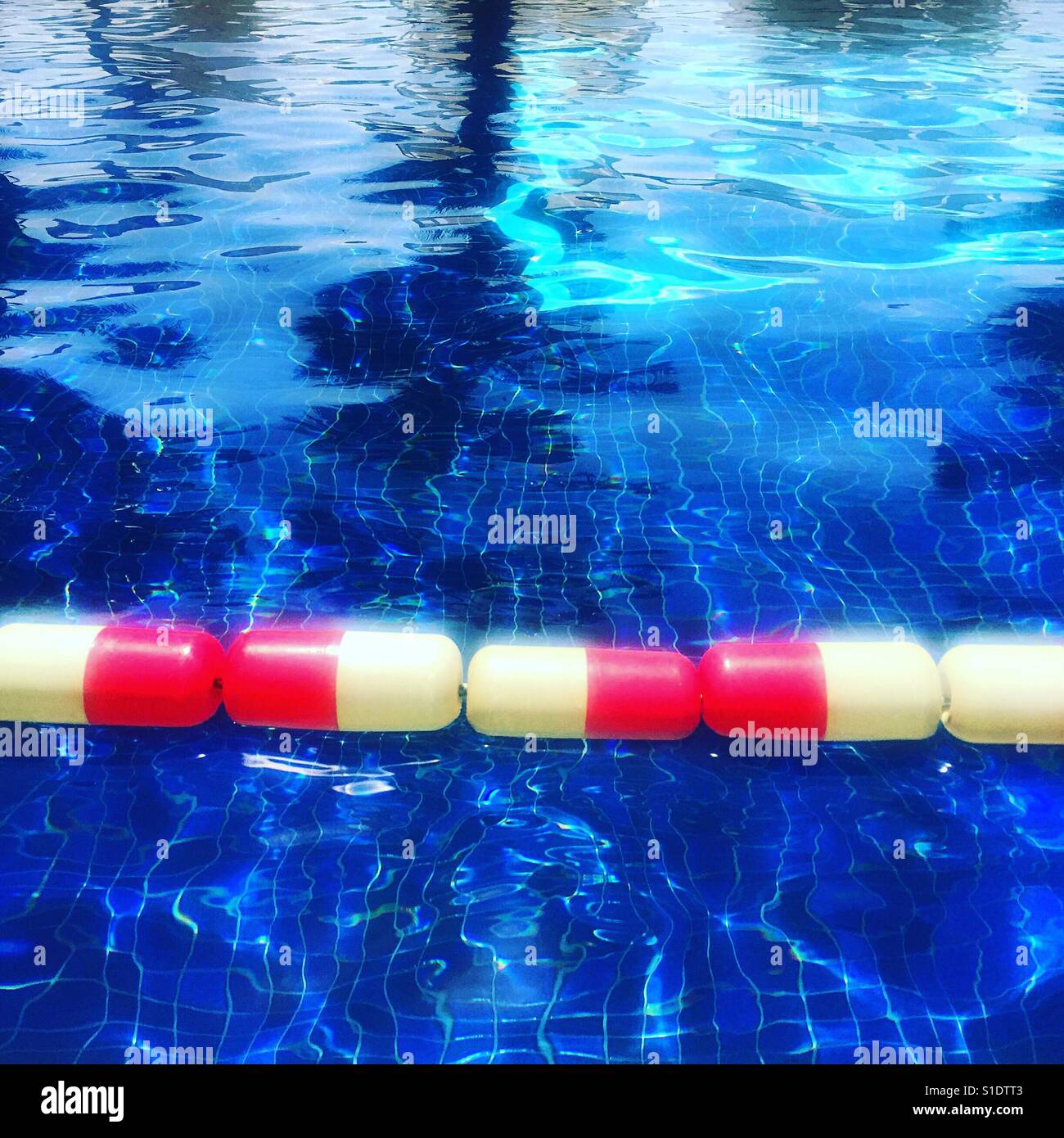 Rote und weiße Schwimmer in einem Schwimmbad Stockfoto