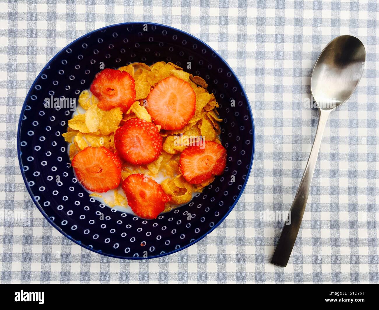 Cornflakes mit frischen Erdbeeren - Smartphone-aufgenommenes Stockfoto