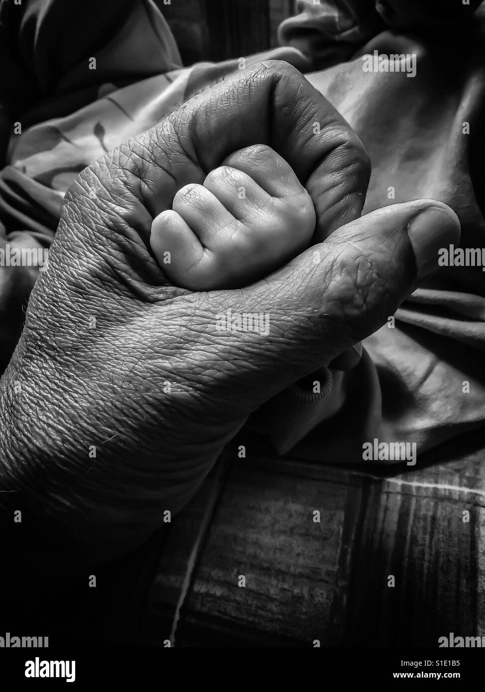 Alte Hand hält die Faust des Babys. Verbindung über Generationen hinweg. Zukunft in meiner Hand. Schutz. Genetisch. Fleisch meines Fleisches. Knochen meines Knochens. Speicherplatz kopieren. - Smartphone-aufgenommenes Stockfoto