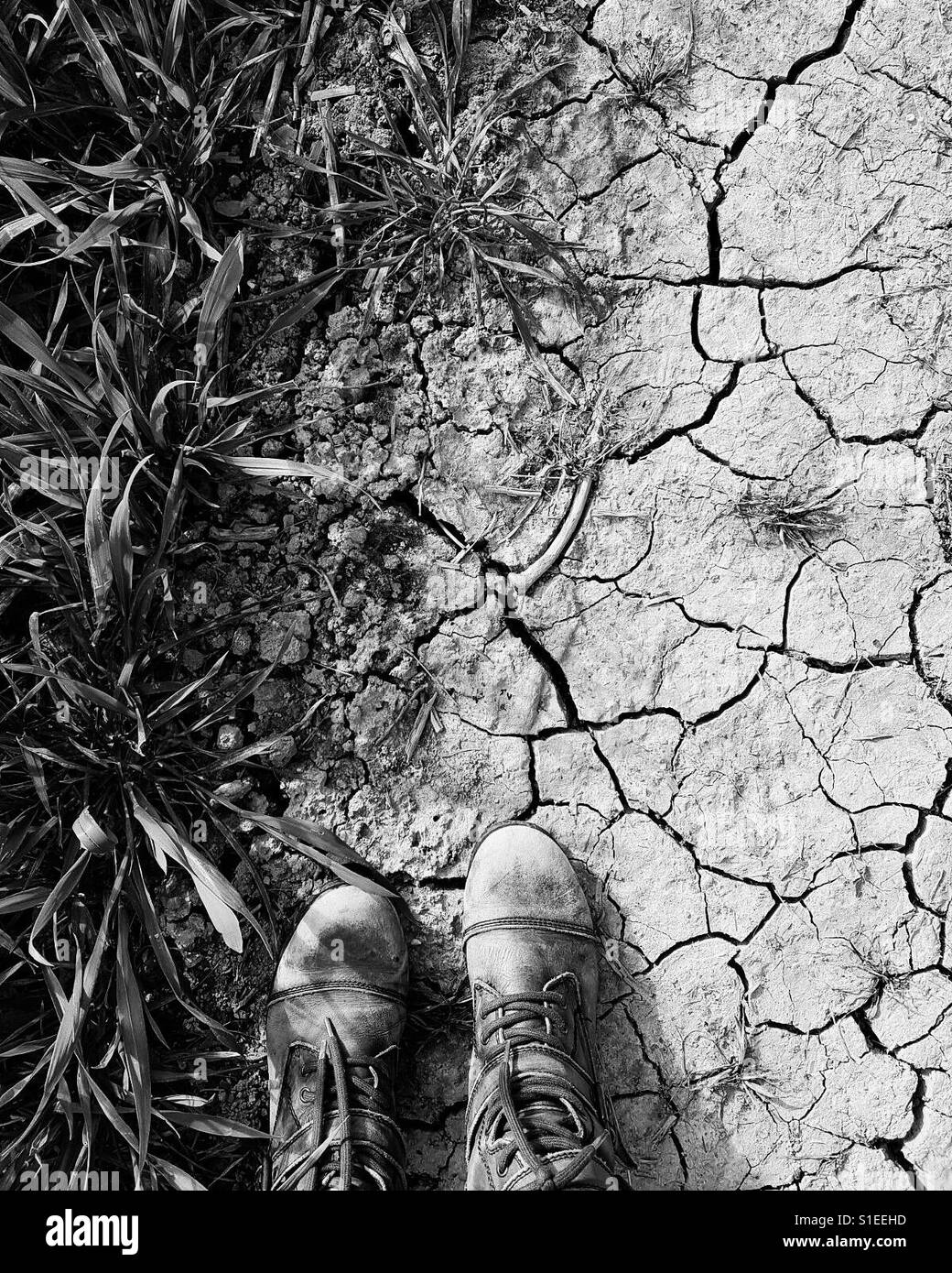 Abgenutzte Stiefel auf rissige trockene Schlamm schwarz / weiß - Smartphone-aufgenommenes Stockfoto