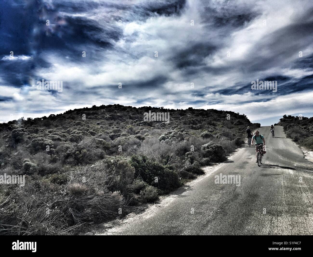 Radfahrer fahren bergab Rottnest Insel Western Australia Stockfoto