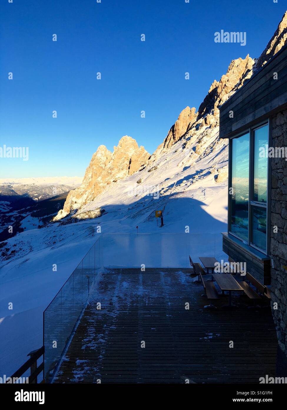 CIR-Berg vom Dantercepies in Selva Val Gardena, Dolomiten, Italien Stockfoto