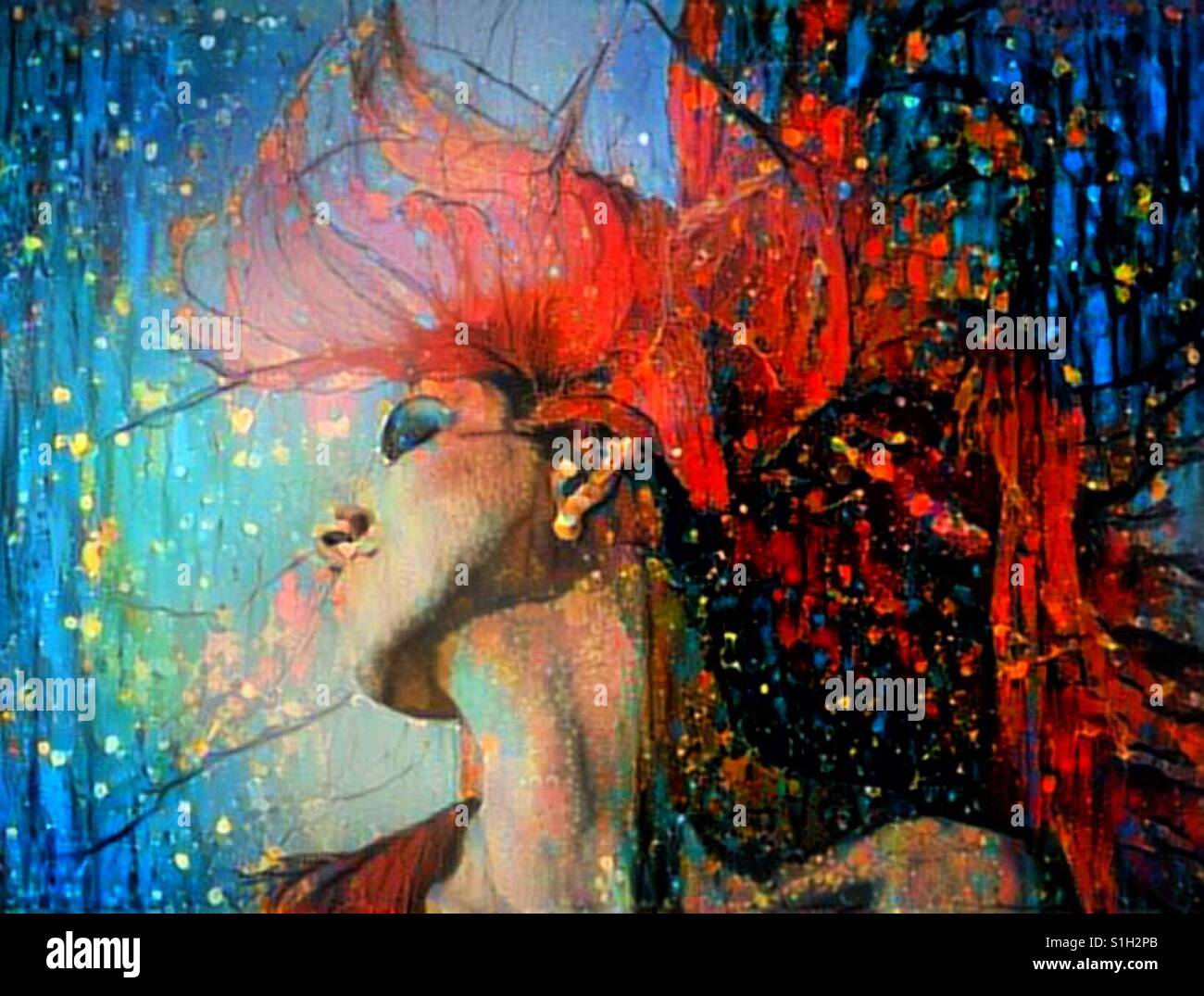 Abstrakte digitale Kunstwerk einer Frau mit langen fließenden Haaren mit geschlossenen Augen Stockfoto