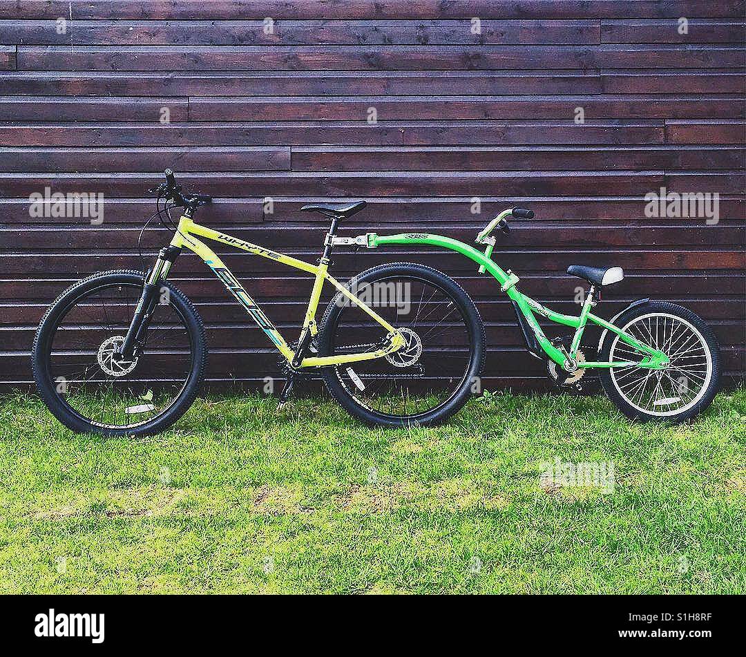 Erwachsenen Mountainbike mit Kindes Tagalong Fahrrad befestigt, Garten Zaun gelehnt. Stockfoto