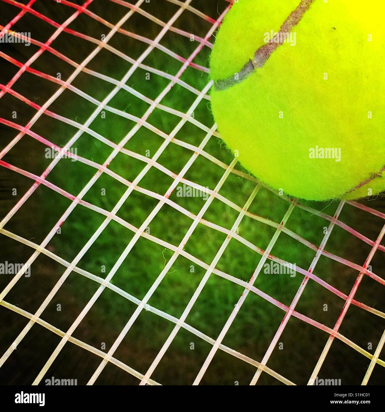 Tennisschläger Tennissaiten auffällig einen Tennisball - Smartphone-aufgenommenes Stockfoto
