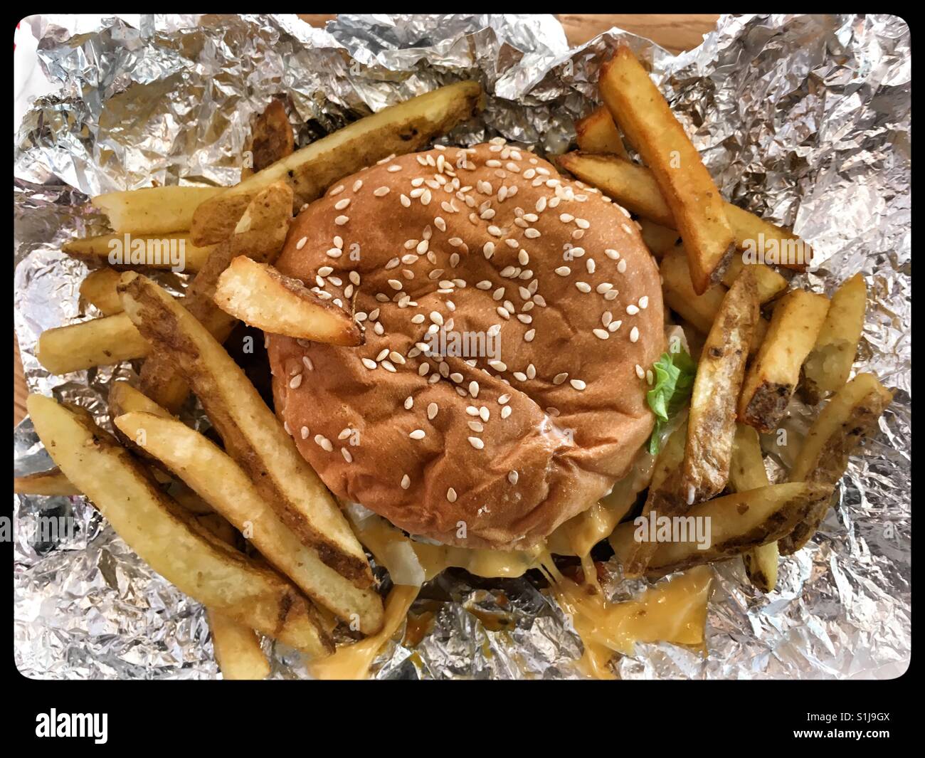 Cheeseburger und Pommes frites Stockfoto