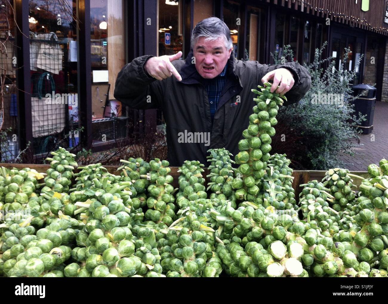 Ein Mann drückt seine Empörung über eine Anzeige der Rosenkohl. Stockfoto
