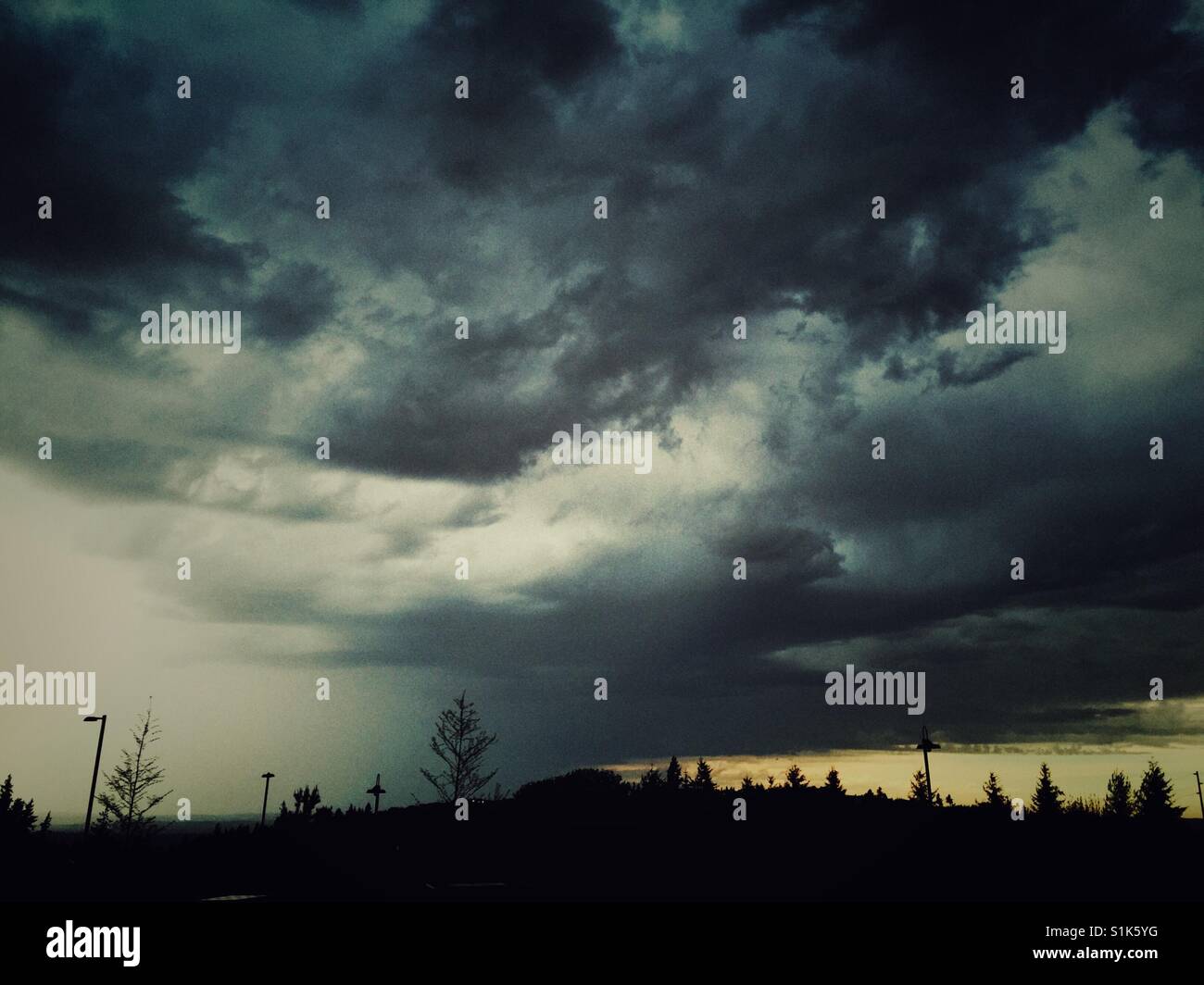 Dramatischer Himmel oben Cougar Mountain in Bellevue, WA Stockfoto