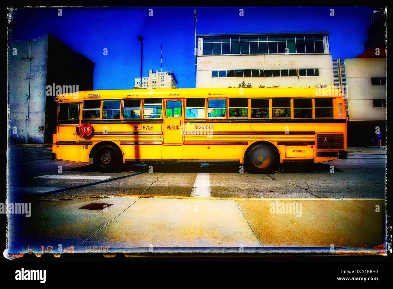 Schulbus in Omaha Nebraska Vereinigte Staaten von Amerika. Stockfoto
