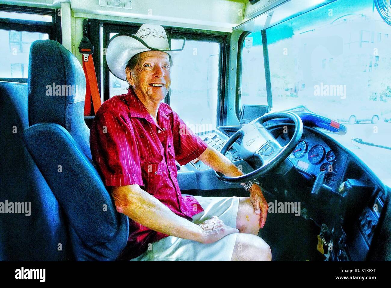 Amerikanischen Schulbusfahrer. Stockfoto