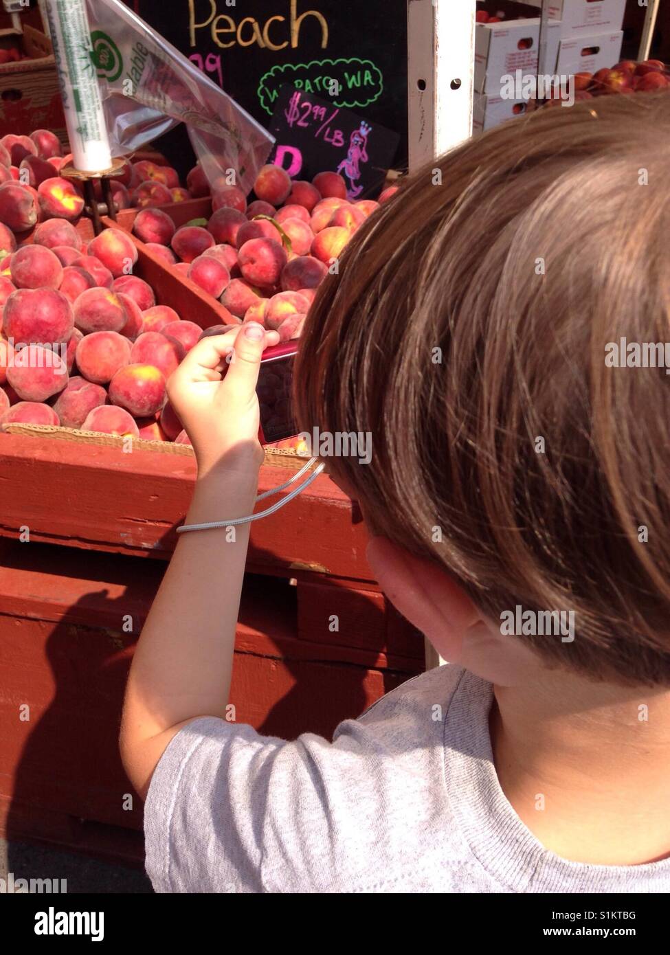 Kind aufnehmen eines Fotos auf einem Bauernmarkt Stockfoto