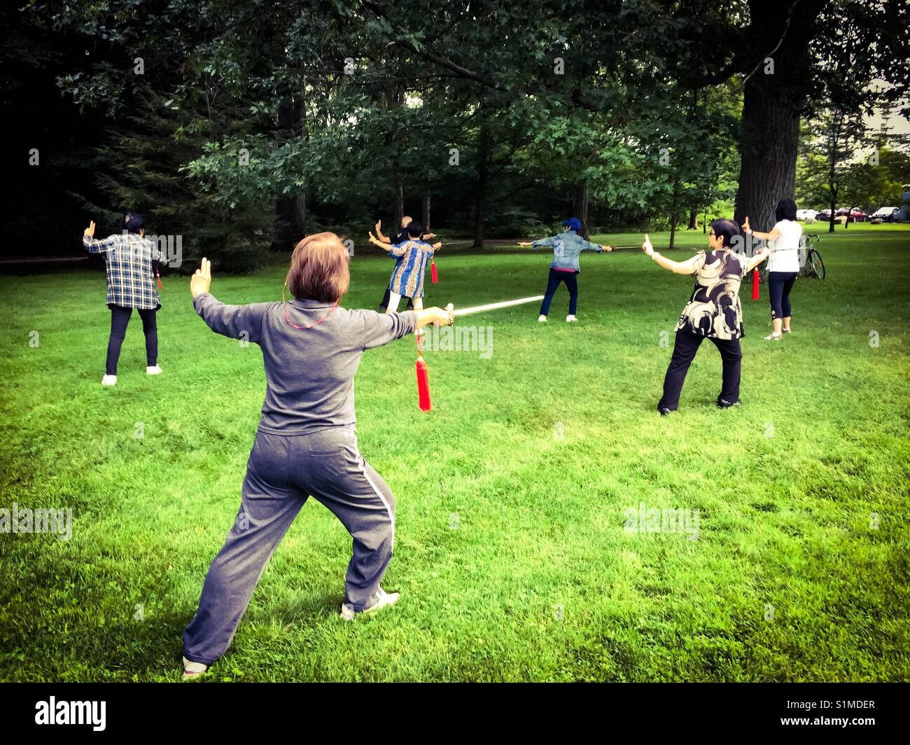 Tai-chi, mit Schwertern in einem Park, Ontario, Kanada - Smartphone-aufgenommenes Stockfoto