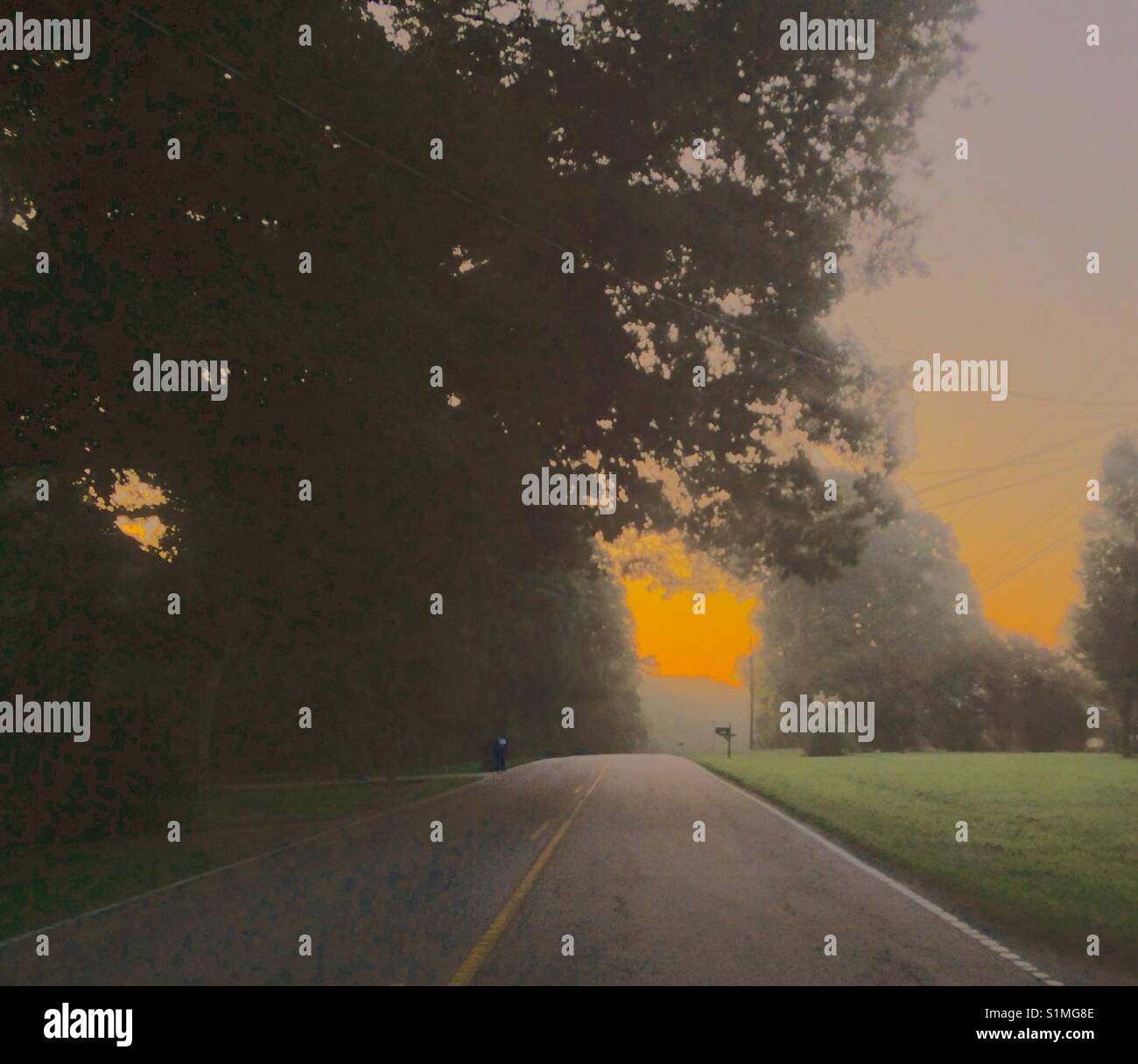 Foto mit eingefärbten schauen - morgen Licht im Himmel über der Straße nähert sich dem Hügel in ländlichen North Carolina Stockfoto