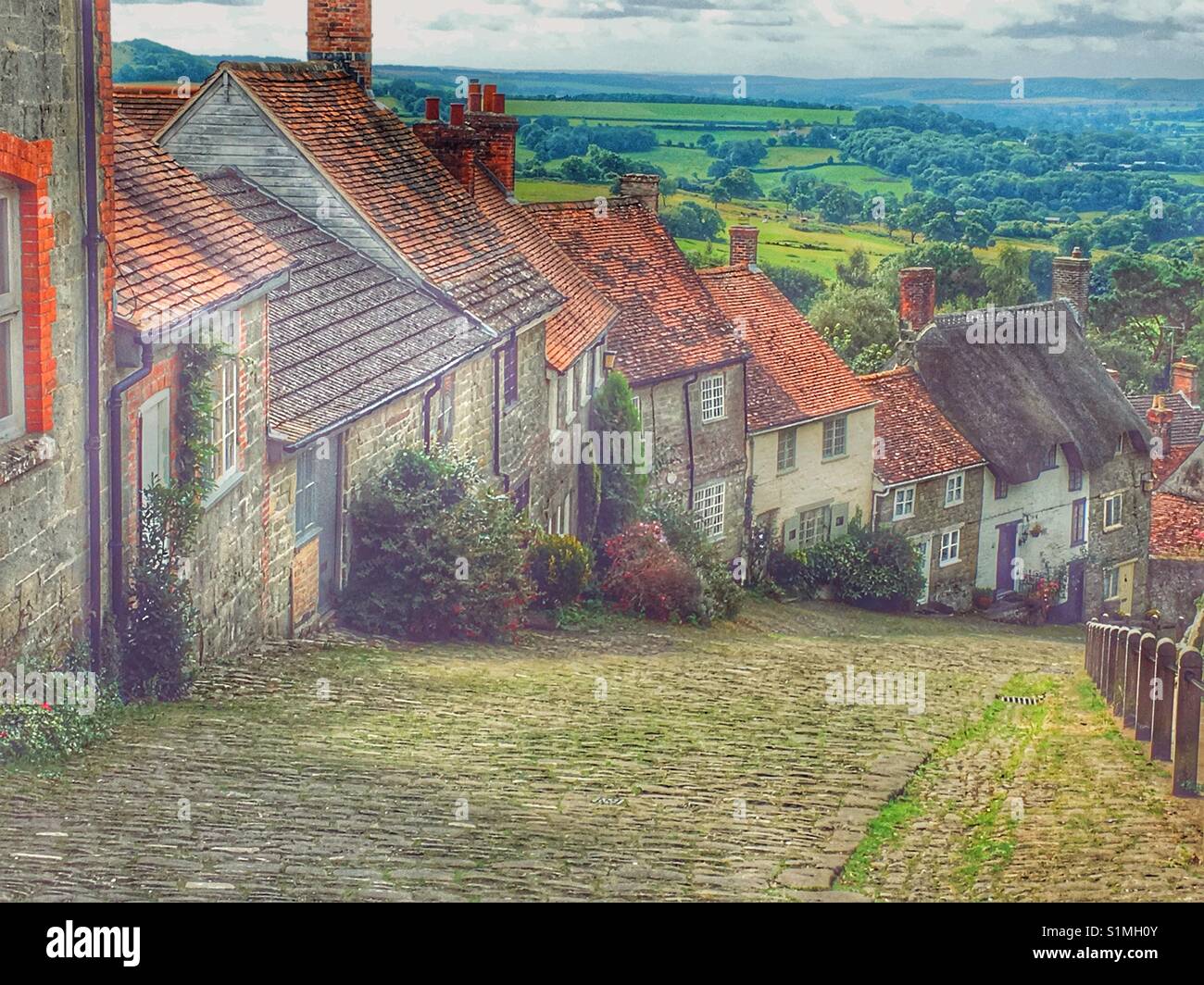 Gold Hill, bekannt als die Lage der Hovis Brot Anzeige. Shaftesbury, Dorset, England Stockfoto