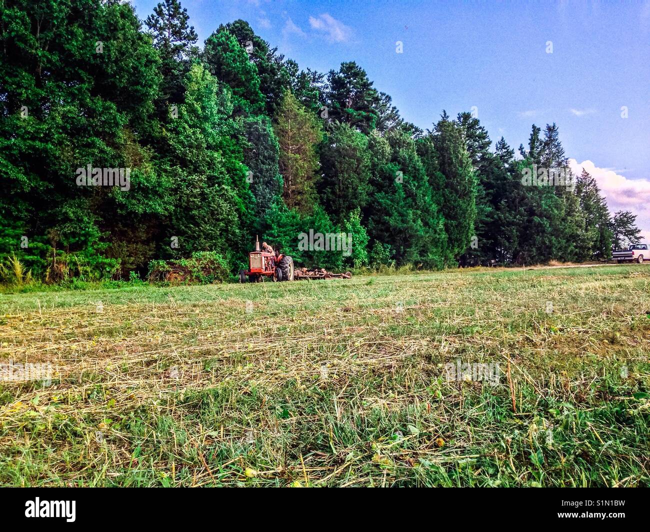 Das Mähen der Feld-roten Traktor, Rotary Cutter, grüne Felder und Bäume, blauer Himmel und weiße Pickup Stockfoto
