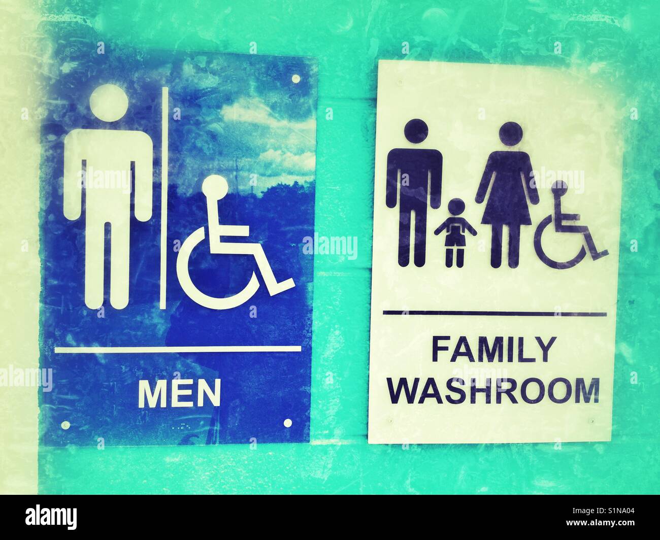 Anzeichen für Männer und Familie Waschräume. Stockfoto