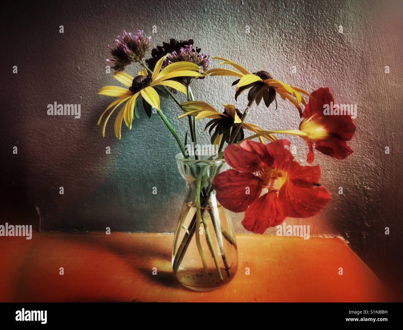 Hand gepflückte Blumen aus dem Garten in einer kleinen Vase auf dem Kaminsims Stockfoto