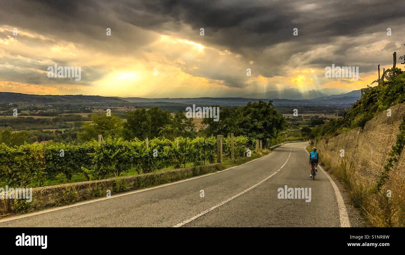 Sun Licht, das durch die Wolken radfahren Weinberge von Italien Stockfoto