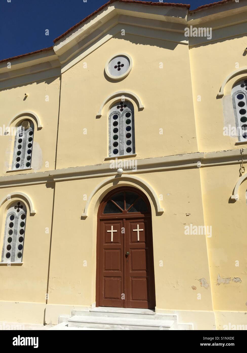 Metropolitankirche von Pantakor in Lixouri auf Cefalonia Insel im Ionischen Meer in Griechenland - Smartphone-aufgenommenes Stockfoto