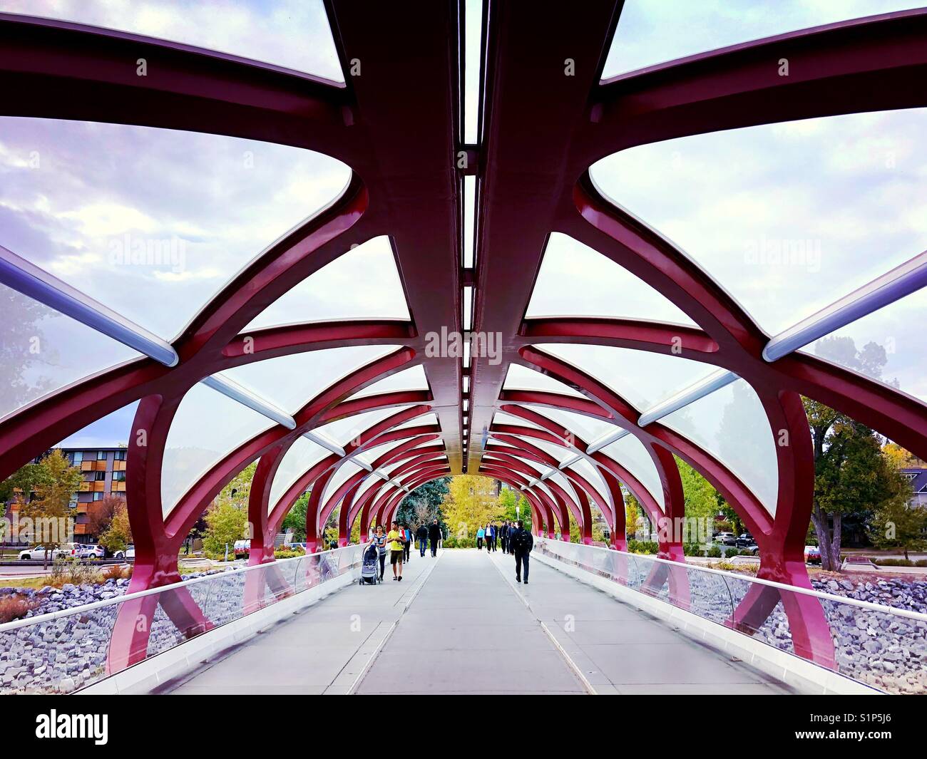 Menschen, die über die futuristisch anmutende Peace Bridge in Calgary, Alberta, Kanada auf einem warmen Herbst Abend Stockfoto