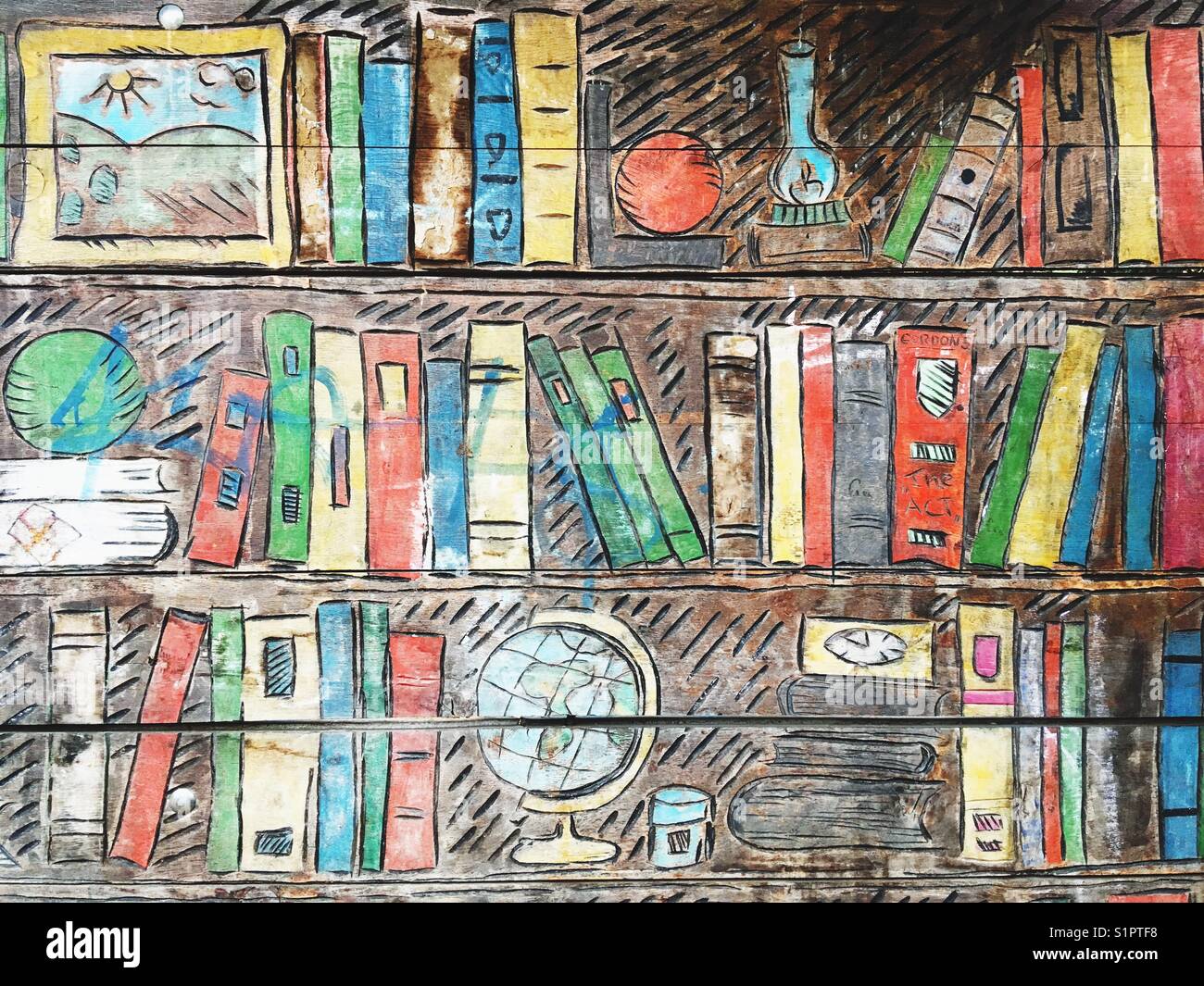 Ein Gemälde der Bücher in den Regalen Stockfoto