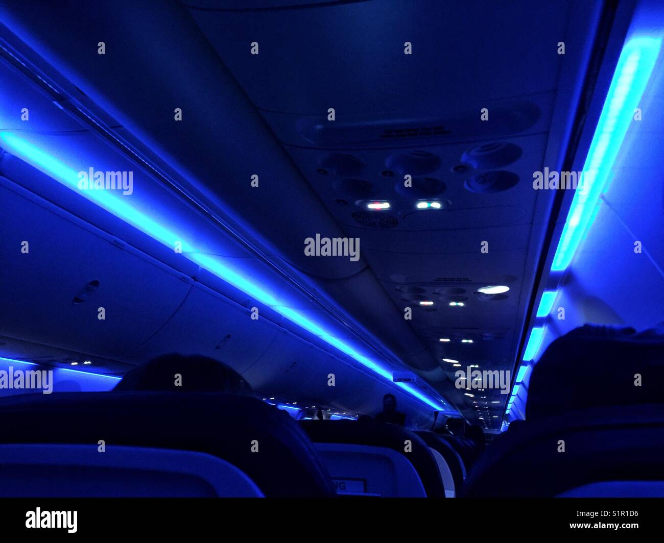 Dim blaues Licht im Flugzeug Stockfoto